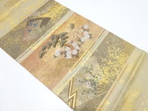 引箔 横段に松・菖蒲・桔梗模様織り出し袋帯